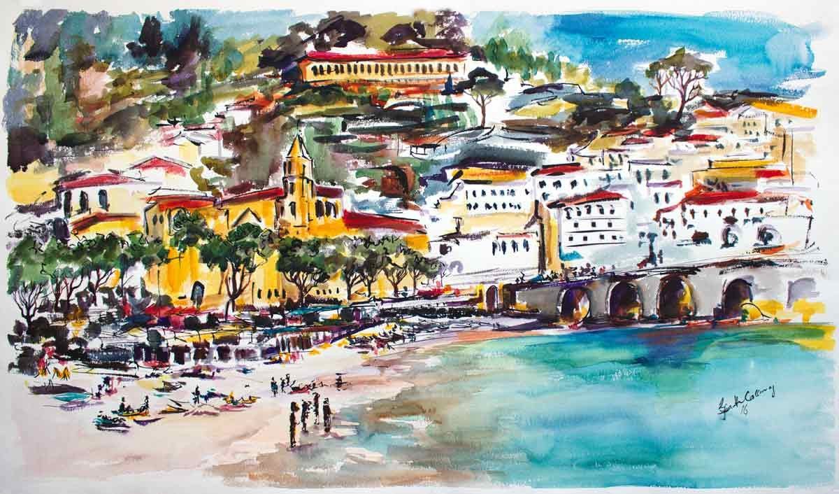 Positano Colorful Houses Watercolors and Ink Painting