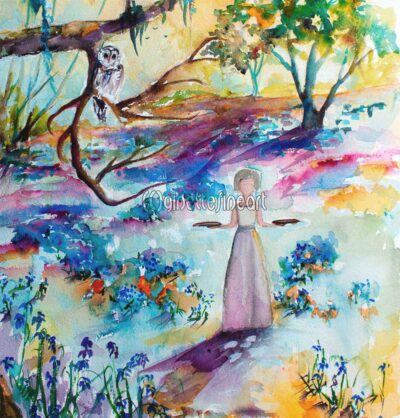 Savannah Bird Girl Bluebells Forest Watercolor Paintings detail