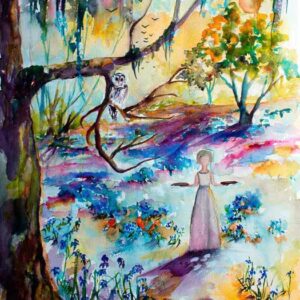 Savannah Bird Girl Bluebells Forest Watercolor Paintings