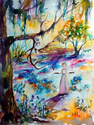 Savannah Bird Girl Bluebells Forest Watercolor Paintings