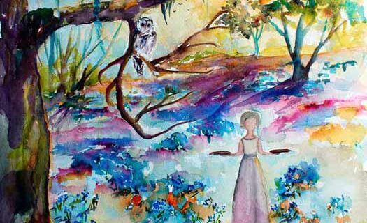 Savannah Bird Girl Bluebells Forest Watercolor Paintings