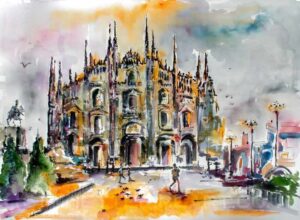 Milan Italy Art Original Large Watercolor and Ink Painting