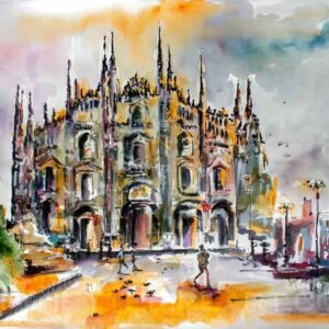 Milan Italy Art Original Large Watercolor and Ink Painting