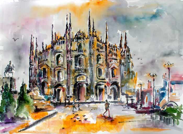 Milan Italy Art Original Large Watercolor and Ink Painting