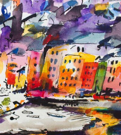 Vernazza Twilight Italy Cinque Terre Large Watercolor Painting detail