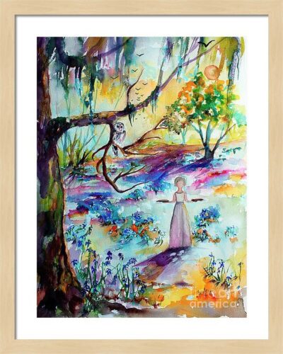 Savannah Bird Girl Bluebells Forest Watercolor Paintings framing example