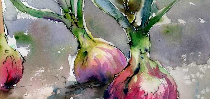 Food Art Original Red Onions Watercolors and Ink