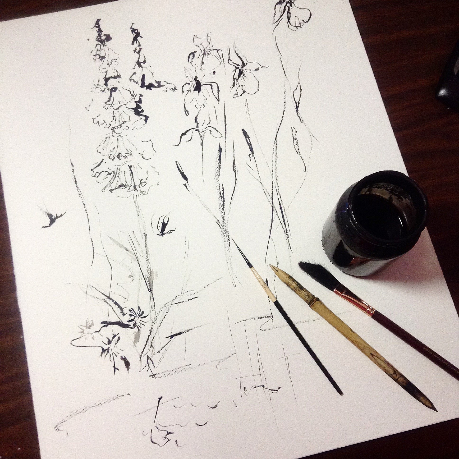 Black ink art with dip pens and bamboo