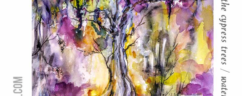 cypress tree sunset magical watercolors and ink by ginette fine art