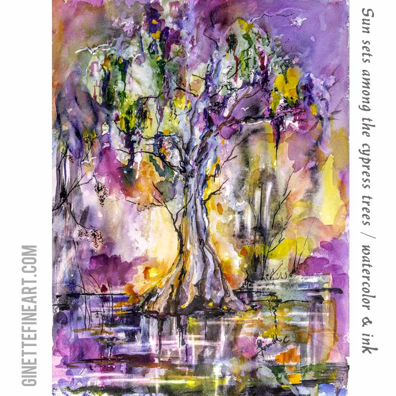 cypress tree sunset magical watercolors and ink by ginette fine art