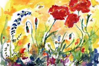 Red Poppies Provence Watercolor Painting by Ginette