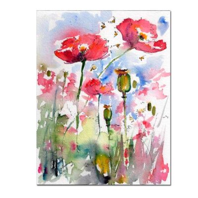 Pink Poppies and Bees Watercolor Painting