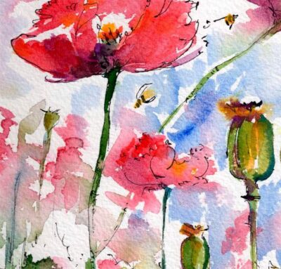 Pink Poppies and Bees Watercolor Painting detail 2