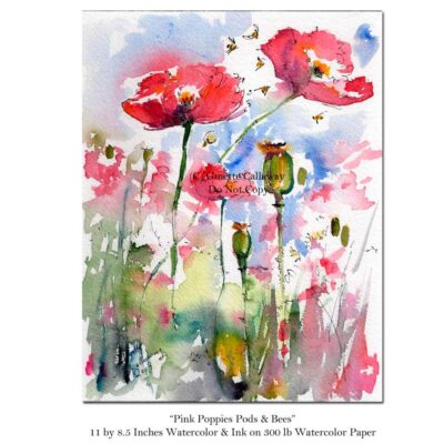 Pink Poppies and Bees Watercolor Painting 1