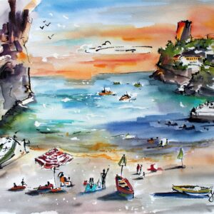 Amalfi Coast Italy watercolors and ink painting