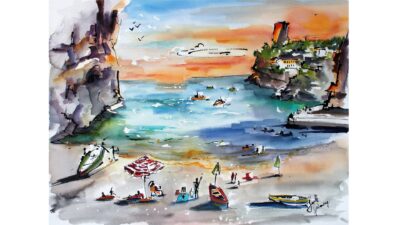 Amalfi Coast Italy watercolors and ink painting