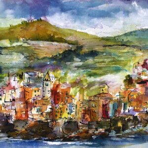 Cinque Terre Riomaggiore Italy Watercolor and Ink Painting