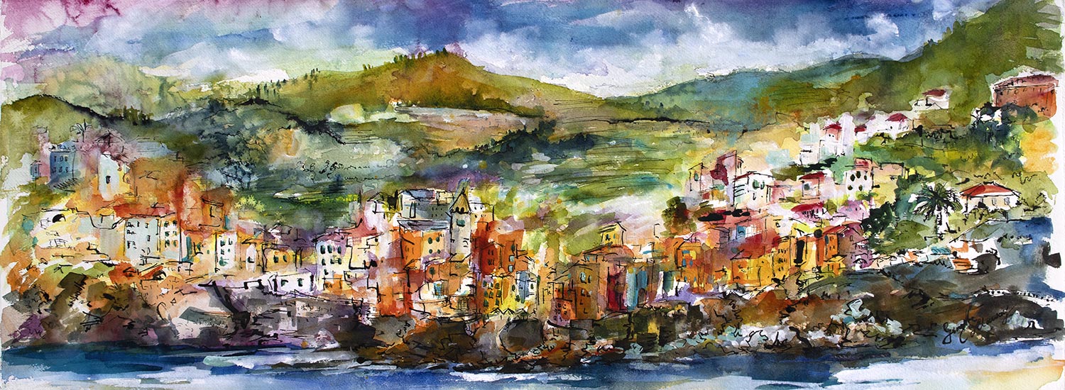 Cinque Terre Riomaggiore Italy Watercolor and Ink Painting