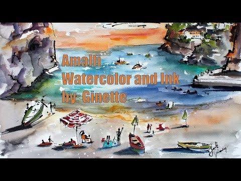 amalfi coast italy watercolor and ink painting t
