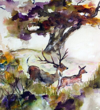 Autumn Oak Tree Deer Watercolor Painting