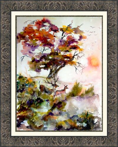 Autumn Oak Tree Deer Watercolor Painting
