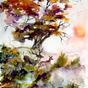 Autumn Oak Tree Deer Watercolor Painting