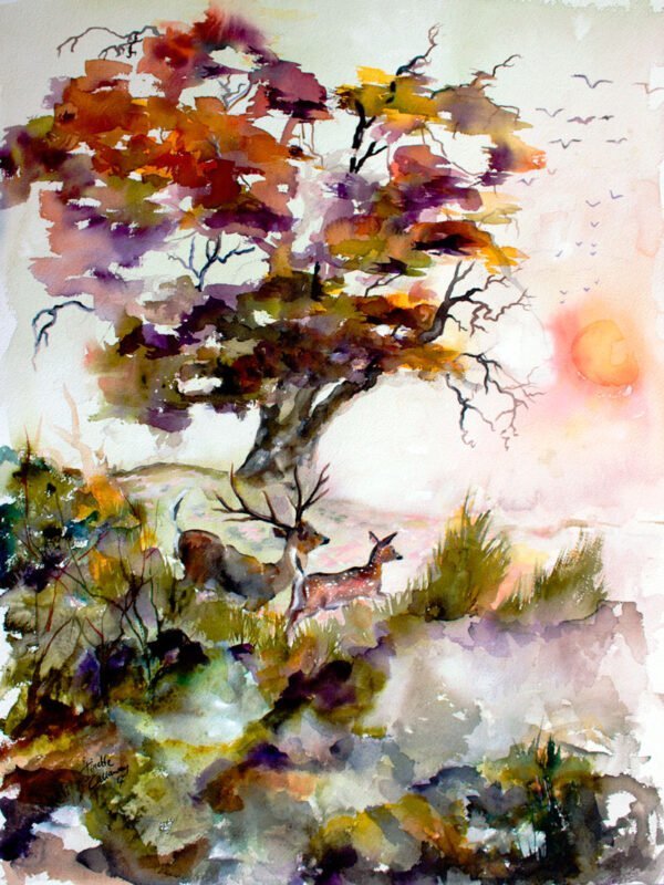 Autumn Oak Tree Deer Watercolor Painting