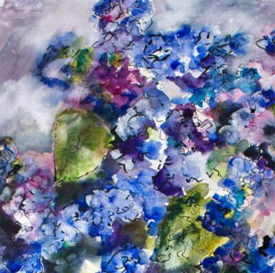 Blue Hydrangeas Still Life Watercolors detail