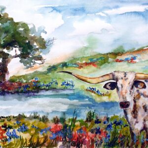 Texas Longhorn in Bluebonnets Field Watercolor Painting 2