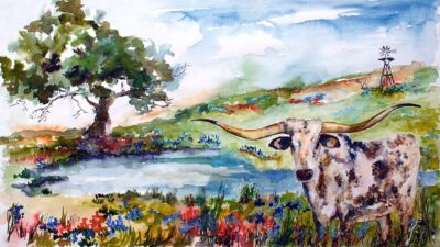 Texas Longhorn in Bluebonnets Field Watercolor Painting 2