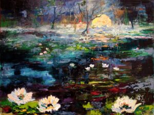 Wetlands Black Water white lily pads post impressionist art