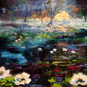 Wetlands Black Water white lily pads post impressionist art