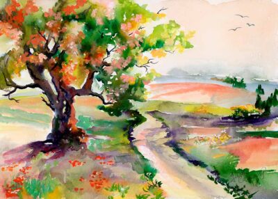 oak tree landscape watercolors w