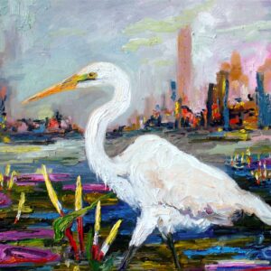 Great White Heron and Skyline Wildlife Oil Painting