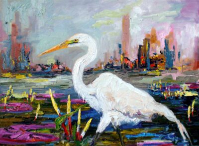Great White Heron and Skyline Wildlife Oil Painting
