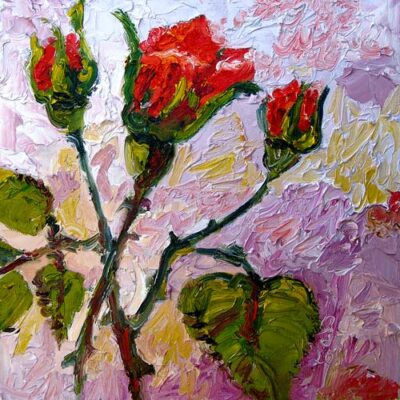 Red Rose Bud Oil Painting Impressionist Inspired