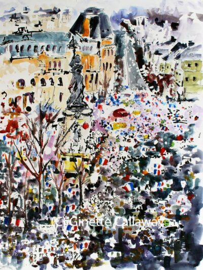 Paris Unity March Watercolor Painting M