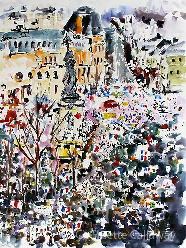 Paris Unity March Watercolor Painting