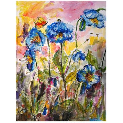 Blue Poppies Watercolors and Ink Original Art