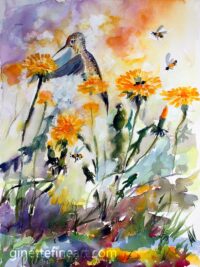 Dandelions Bees and Hummingbird Watercolors Original Painting