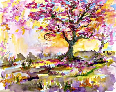 Spring Blossoms Trees Watercolor Painting