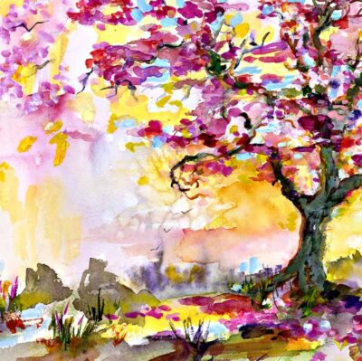Spring Blossoms Trees Watercolor Painting Detail