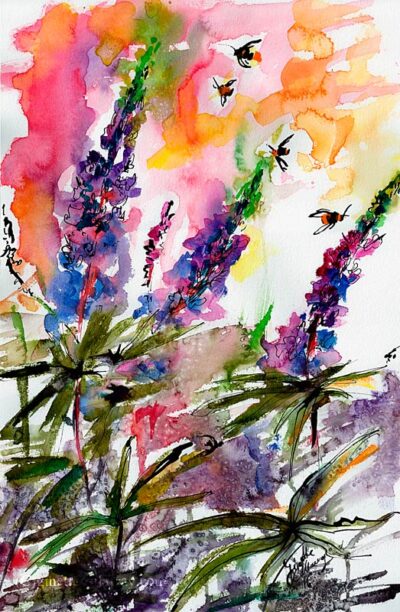 Lupines Flower Watercolors and Ink