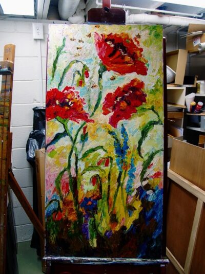 Red Poppies Oil Painting on my easel