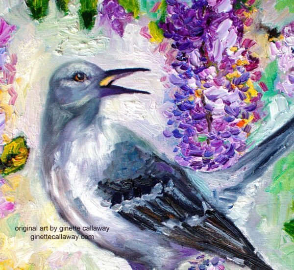 Mocking Bird In Wisteria Impressionist Oil Painting - Image 2