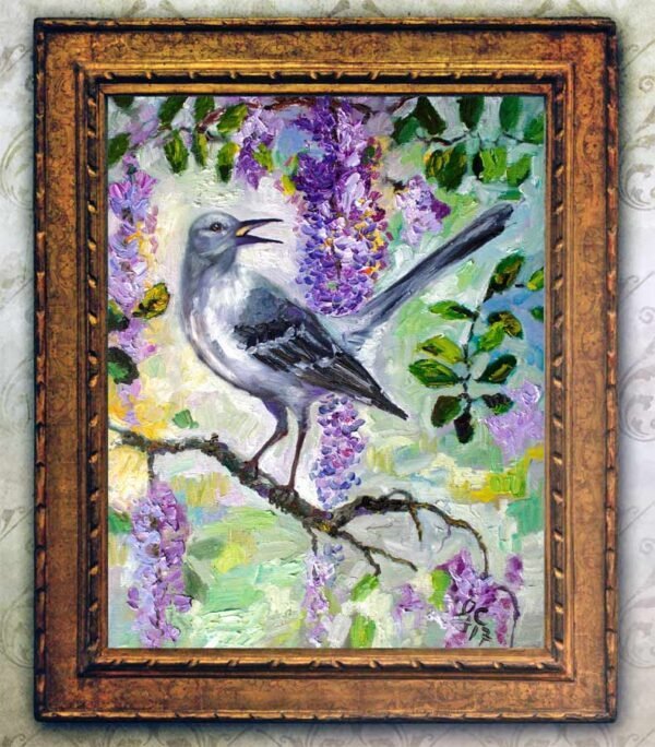 Mocking Bird In Wisteria Impressionist Oil Painting - Image 4