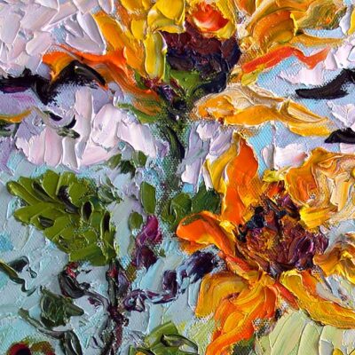 Sunflowers and Ravens Palette Knife Oil Painting Detail