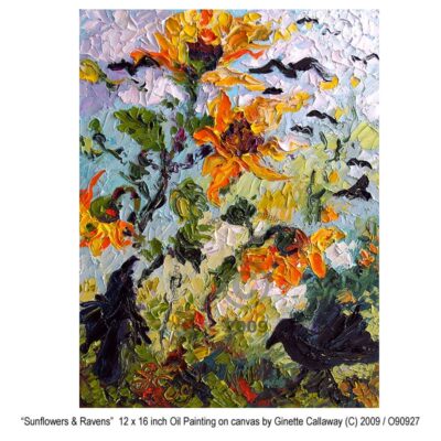 Sunflowers and Ravens Palette Knife Oil Painting