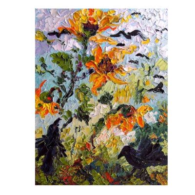 Sunflowers and ravens palette knife oil painting