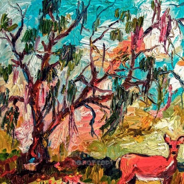 Deer in Landscaped Colorful Impressionist Landscape